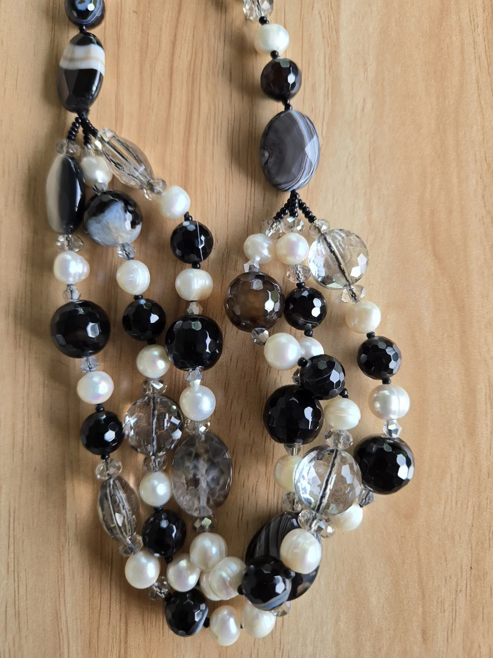 Agate Pearl Crystal Multi-Strand Black White Banded Natural Stone Bead Necklace
